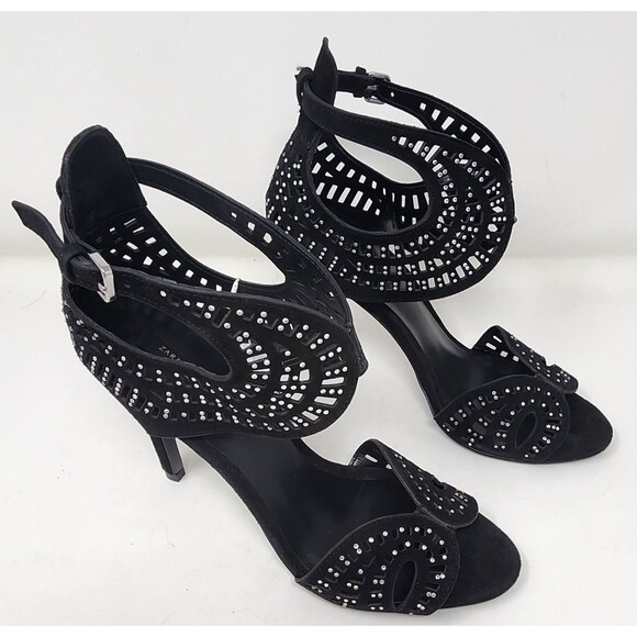 Zara Womens Black Leather Strappy 4" Heels Size 9 Open Toe Sandal Rhinestones - Picture 2 of 15
